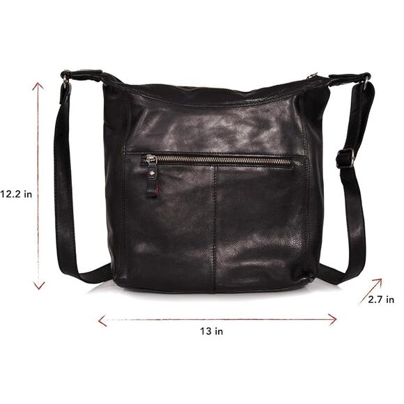 Genuine Leather Ladies Handbag Vintage Design Long Straps Shoulder Bag Black - Picture 2 of 7